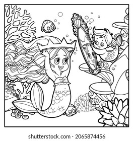 Mermaid measures the crown in front of the mirror held by the child mermaid outlined for coloring page on seabed with corals and algae background