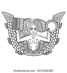 Mermaid or Melusine with two fish tails holding a mirror and a comb. Ethnic medieval European pagan mythological motif. Black and white linear silhouette.