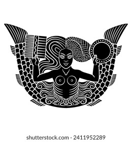 Mermaid or Melusine with two fish tails holding a mirror and a comb. Ethnic medieval European pagan mythological motif. Black and white silhouette.