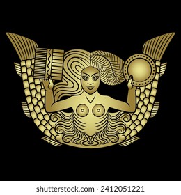 Mermaid or Melusine with two fish tails holding a mirror and a comb. Ethnic medieval European pagan mythological motif. Golden glossy silhouette on black background.