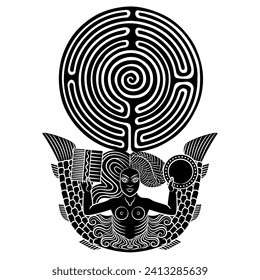 Mermaid or Melusine with two fish tails holding a round spiral maze or labyrinth symbol. Mythological symbol. Black and white silhouette.