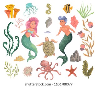 Mermaid, merman, marine plants and animals. Collection decorative design elements. Cartoon sea flora and fauna in watercolor style. Isolated objects on white background. Vector illustration 