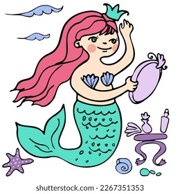 a mermaid with a mirror tries on a crown