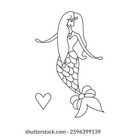 Mermaid monochrome linear icon with long hair and bow on tail stock vector illustration for web, for print