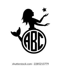 Mermaid with monogram. Name monogram. Mythical tale character logo. Little creature with tail. Magical mermaid black symbol