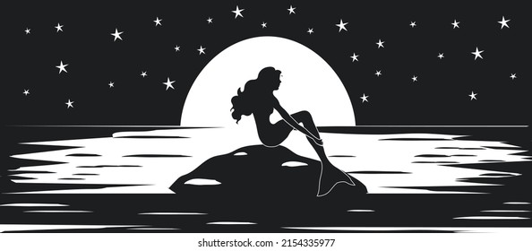 Mermaid in the moonlight Vector Illustration. Cut File.