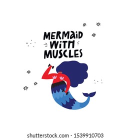 Mermaid with muscles hand drawn banner template. Fantasy creature and inspiring phrase composition. Sport training motivating poster. Fairytale character working out doodle drawing with typography