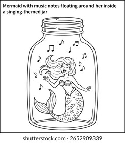 A mermaid with music notes floating around her inside a singing-themed jar—smiling with an open mouth, drawn in a rhythmic, playful pose.
