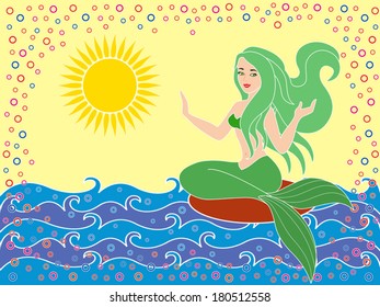 Mermaid as a mythical girl on the sea waves in the warm season, hand drawing vector illustration