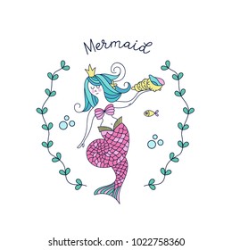 Mermaid, mythological creature. Mermaid holding a sea shell. Vector illustration. Isolated on a white background.