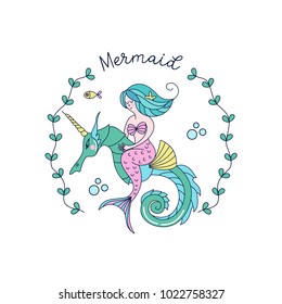 Mermaid, mythological creature. Mermaid riding a sea unicorn.  Vector illustration. Isolated on a white background.