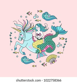 Mermaid, mythological creature. Mermaid riding a sea unicorn. Surrounded by sea fish, shells, jellyfish. Vector illustration. Isolated on a white background.