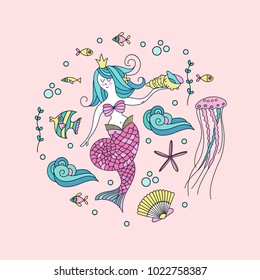 Mermaid, mythological creature.  Surrounded by sea fish, shells, jellyfish. Vector illustration. Isolated on a white background.