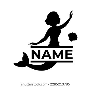 Mermaid with name monogram. Kids name monogram. Mythical tale character logo. Little creature with tail. Magical mermaid black symbol