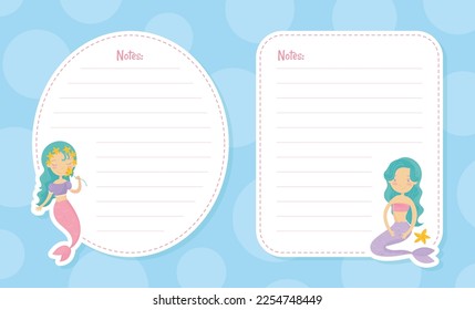 Mermaid Note Page with Cute Swimming Girl with Fish Tails Vector Template