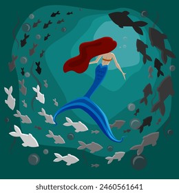 Mermaid in the Ocean with Fishes Vector Illustration