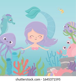 mermaid octopus crab seahorse reef coral cartoon under the sea vector illustration