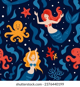 Mermaid and octopuses, corals and algae. Ocean, fairy-tale creatures, seabed. Cartoon child character in flat style. Marine life. Seamless pattern for nursery, wallpaper, fabric, wrapping, background