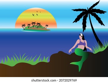 mermaid on the beach with  island and sunset background flat illustration vector