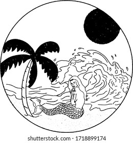 Mermaid on a beach in paradise with a wave. Vector illustration.