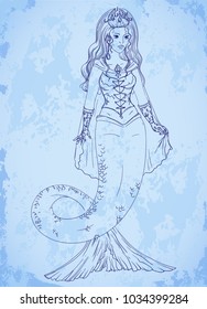 Mermaid on blue grunge background. Vector illustration