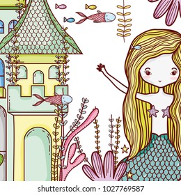 Mermaid on castle cute cartoon