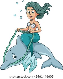Mermaid on dolphin vector illustration