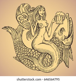 Mermaid on fish with beer and brezel; RGB EPS 10 vector illustration