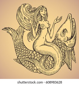Mermaid on fish at beige background; RGB EPS 10 vector illustration