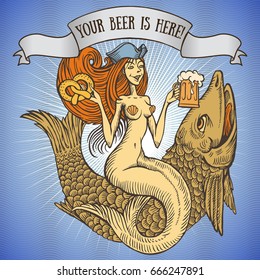 Mermaid on fish in cocked hat with mug of beer and pretzel; RGB EPS 10 vector illustration