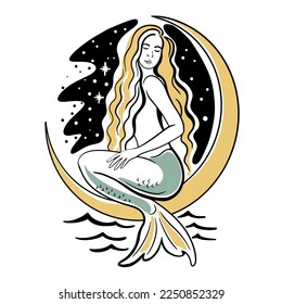 Mermaid on the moon. starry sky. Celestial Gir Mysterious portrait lady with moon in her hair. Vector hand drawn illustration line art