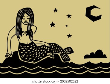 Mermaid on a rock in the rough sea. Woodcut Style