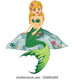 Mermaid on rock-isolated--Editable-various level-Transparency blending effects and gradient mesh-EPS 10 