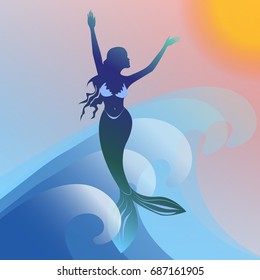 Mermaid on the sea waves. Vector