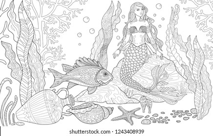 Mermaid on the seabed page. Sea life with fish and shell in doodle style. Vector  Illustration for adult coloring book.