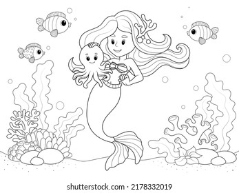 Mermaid on the seabed with sea animals. Vector, page for printable children coloring book.