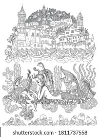 Mermaid on a seaweed carpet with letter on a paper scroll, quill pen on a medieval town background and doodle sea waves. Adults Coloring book page, Post card, Vector thin line contour for batik paint