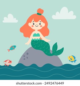 Mermaid on the stone. Vector flat illustration