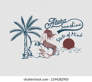 mermaid on summer beach illustration with typography design