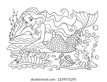 Esquema de la sirena. Esbozo de vida marina. Esquema del mundo submarino. Vector de sirena