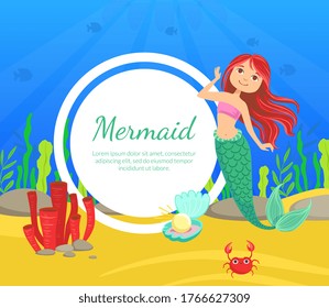 Mermaid Party Banner Template, Cute Aquatic Nature, Under the Sea Theme Party Greeting or Invitation Card, Flyer Vector Illustration