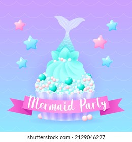 Mermaid party card. Illustrations of birthday cupcake decorated with cream, pearl sprinkles and mermaid tail. Vector 10 EPS.
