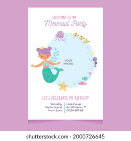 mermaid party card with marine animals cartoon. vector illustration