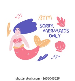 Mermaid party cartoon poster template. Underwater magical life. Girl with tail. Sorry mermaids only hand drawn black lettering. Marine mythical creature isolated clipart. Fairytale design element