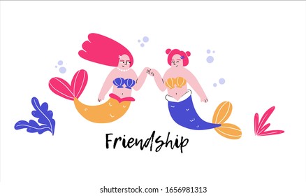 Mermaid party cartoon poster template. Underwater magical life. Girl with tail. Marine mythical creature isolated clipart. Fairytale design element