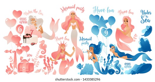 Mermaid party - cute cartoon character set in pink and blue, pretty ocean creatures swimming with sea fish and balloons and numbers, isolated vector illustration on white background