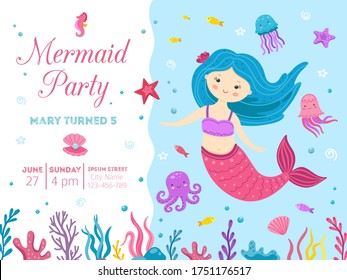 Mermaid party. Cute princess birthday invitation with ocean life. Little girl celebration card, kids baby marine festive vector illustration