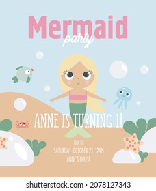 Mermaid Party Invitation Card Template, Birthday Party in Mermaid Style Celebration, Greeting Card, Flyer Cartoon Vector. Kids illustration with charming mermaid. Illustration in a flat cartoon style.