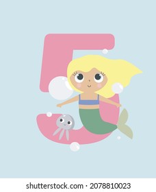 Mermaid Party Invitation Card Template, Birthday Party in Mermaid Style Celebration, Greeting Card, Flyer Cartoon Vector. Kids illustration with charming mermaid. Illustration in cartoon style.
