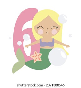 Mermaid Party Invitation Card Template, Birthday Party in Mermaid Style Celebration, Greeting Card. Kids illustration with cute mermaid and number six. Illustration in cartoon style. Vector.